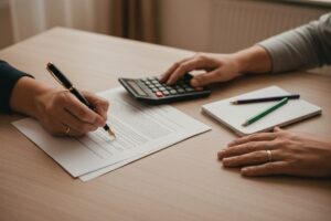 Manos de un padre revisando la pensión de alimentos sobre un escritorio: documento legal, calculadora y cuaderno escolar de un menor.