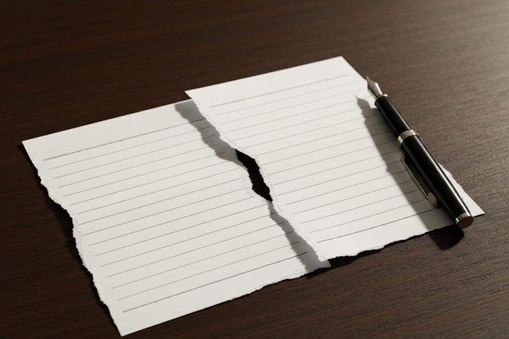 Trabajar sin contrato es delito: documento de contrato roto con una pluma